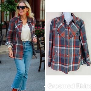 Cabi 4164 Size Medium Tavern Shirt Double Layer Plaid Grey Red